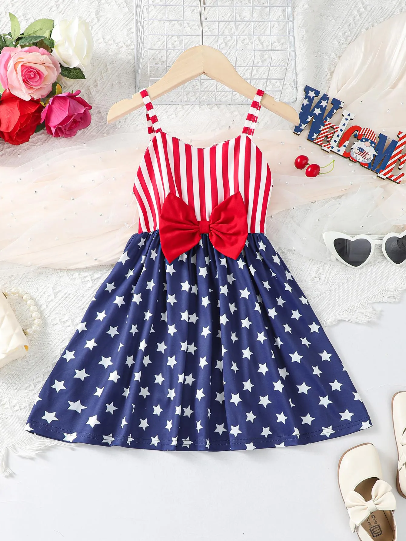 2-7Y Ready Stock Baby Girls Dress Stars and Stripes Bow Straps Dress One Piece Dress For Independence Day Catpapa  623030001
