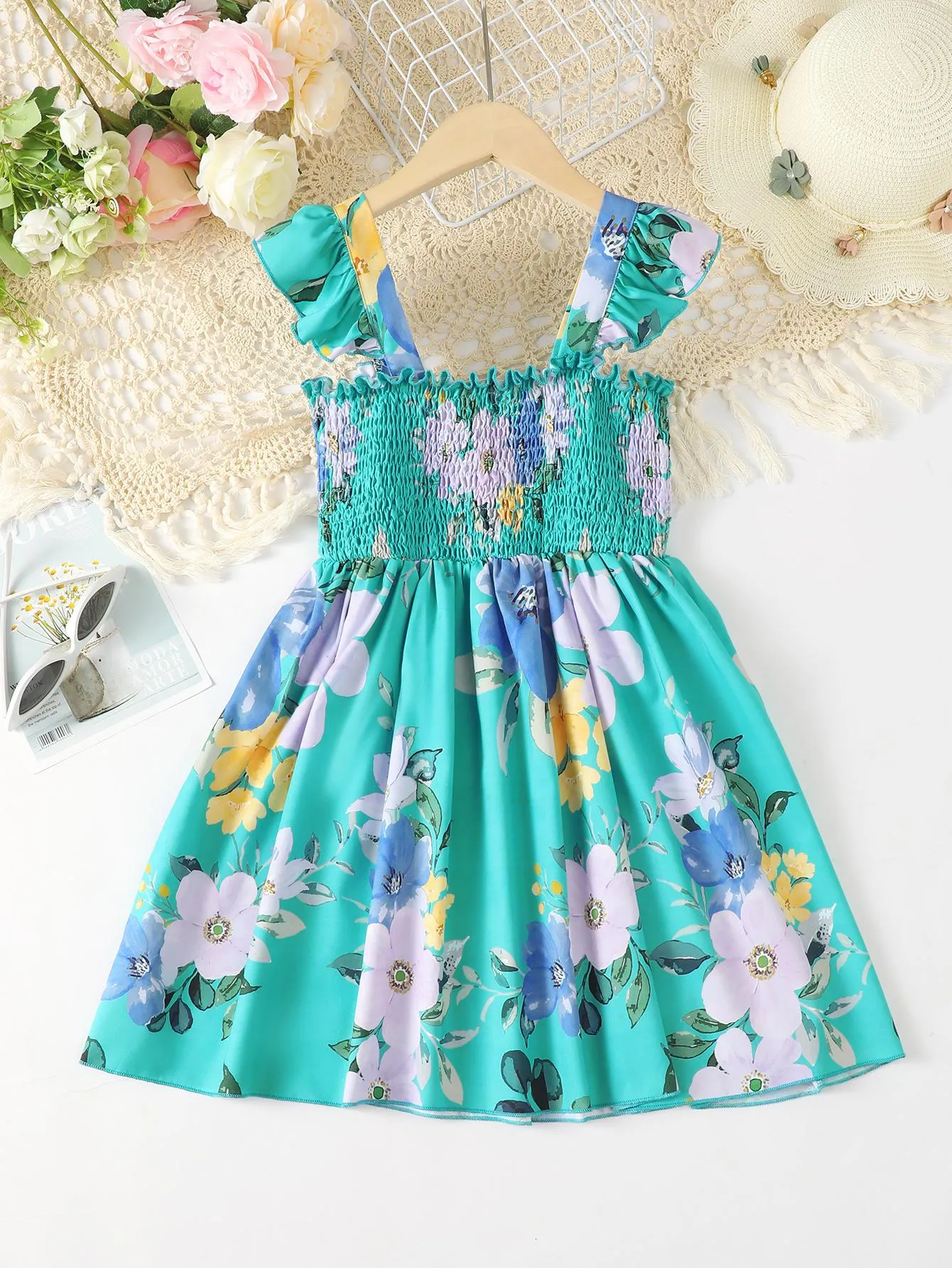 5-14Y Ready Stock Kids Clothes Girls Dress Floral Print Straps For Summer Smocking Dress One Piece Hawaii Style Dress Blue Catpapa 462302016