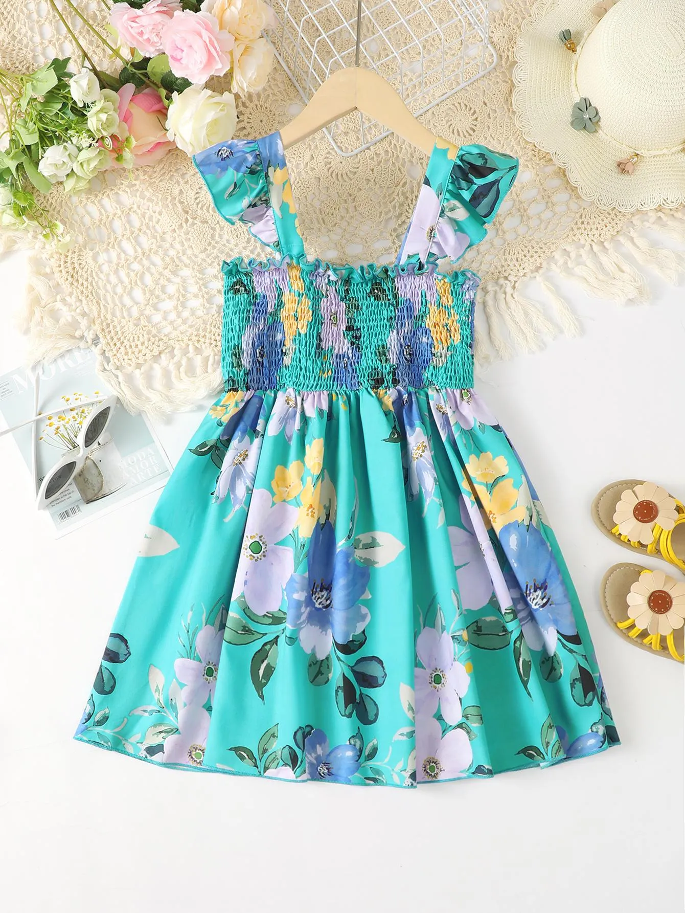 5-14Y Ready Stock Kids Clothes Girls Dress Floral Print Straps For Summer Smocking Dress One Piece Hawaii Style Dress Blue Catpapa 462302016