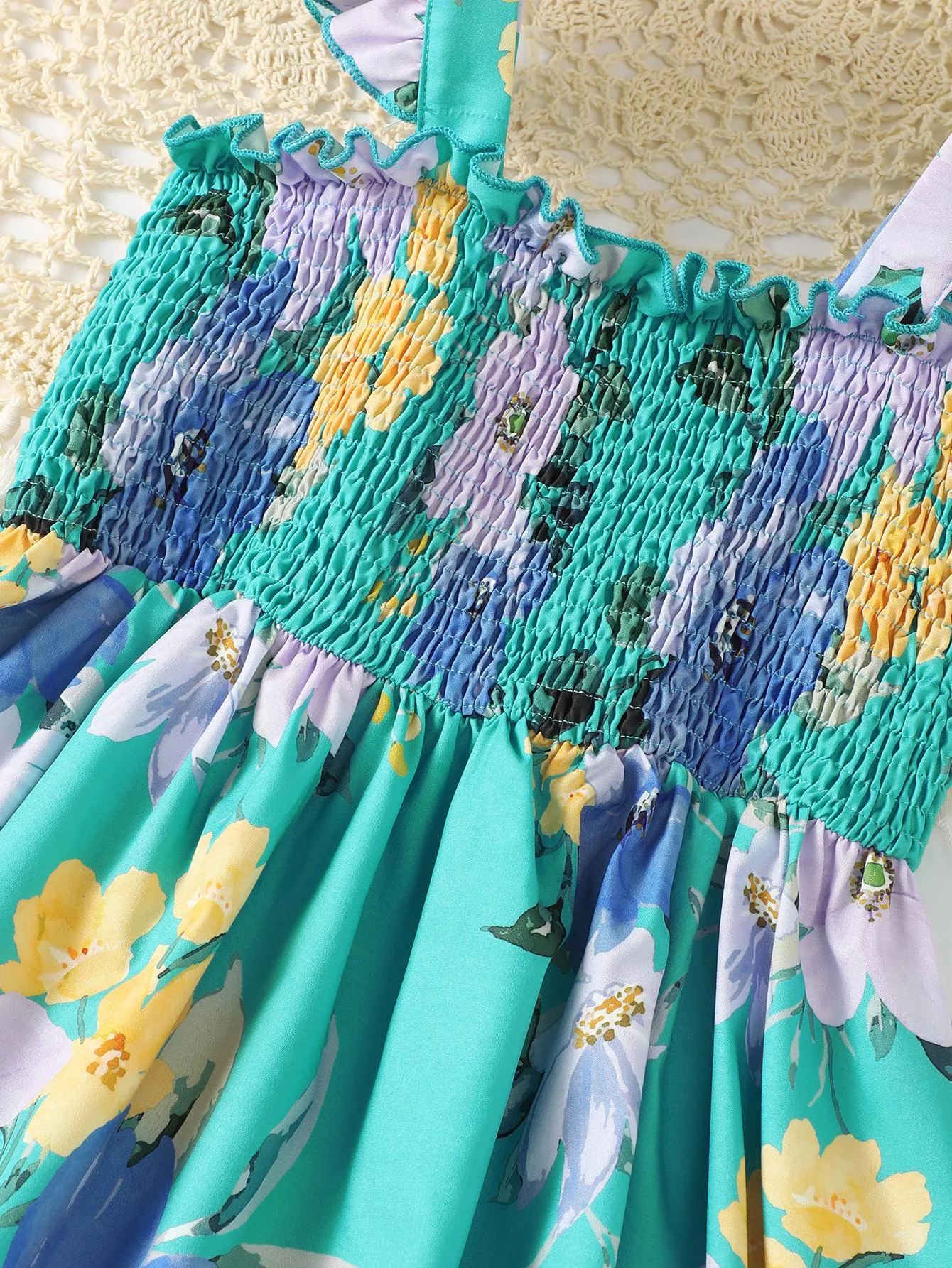 5-14Y Ready Stock Kids Clothes Girls Dress Floral Print Straps For Summer Smocking Dress One Piece Hawaii Style Dress Blue Catpapa 462302016