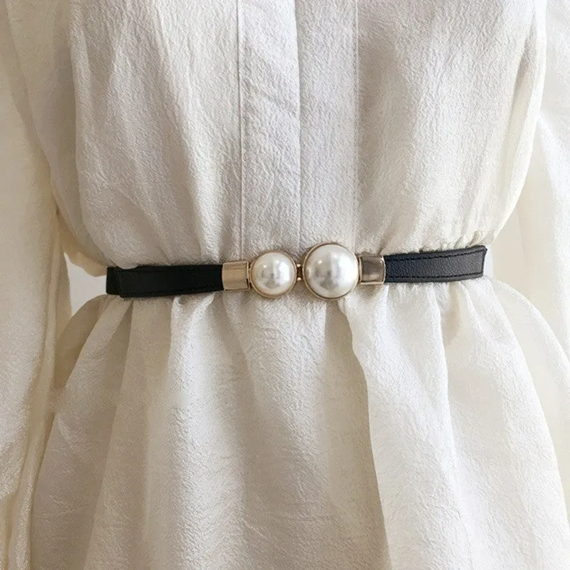 (62cm) Elastic waist belt accessory with pearl buckle - Black / Gold