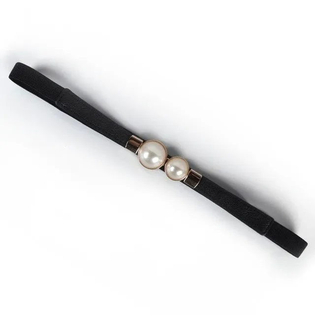 (62cm) Elastic waist belt accessory with pearl buckle - Black / Gold