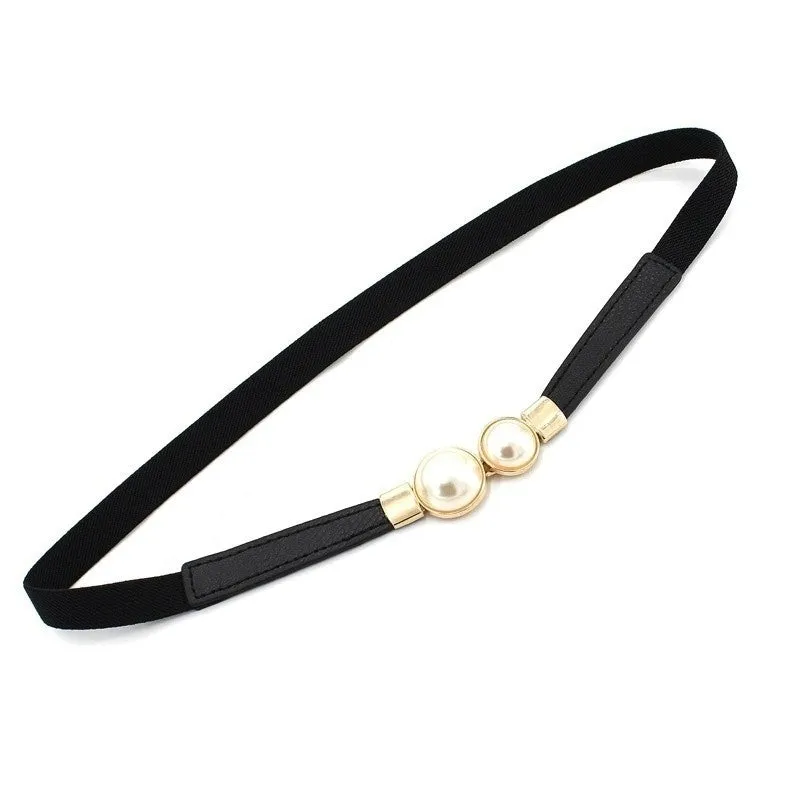 (62cm) Elastic waist belt accessory with pearl buckle - Black / Gold