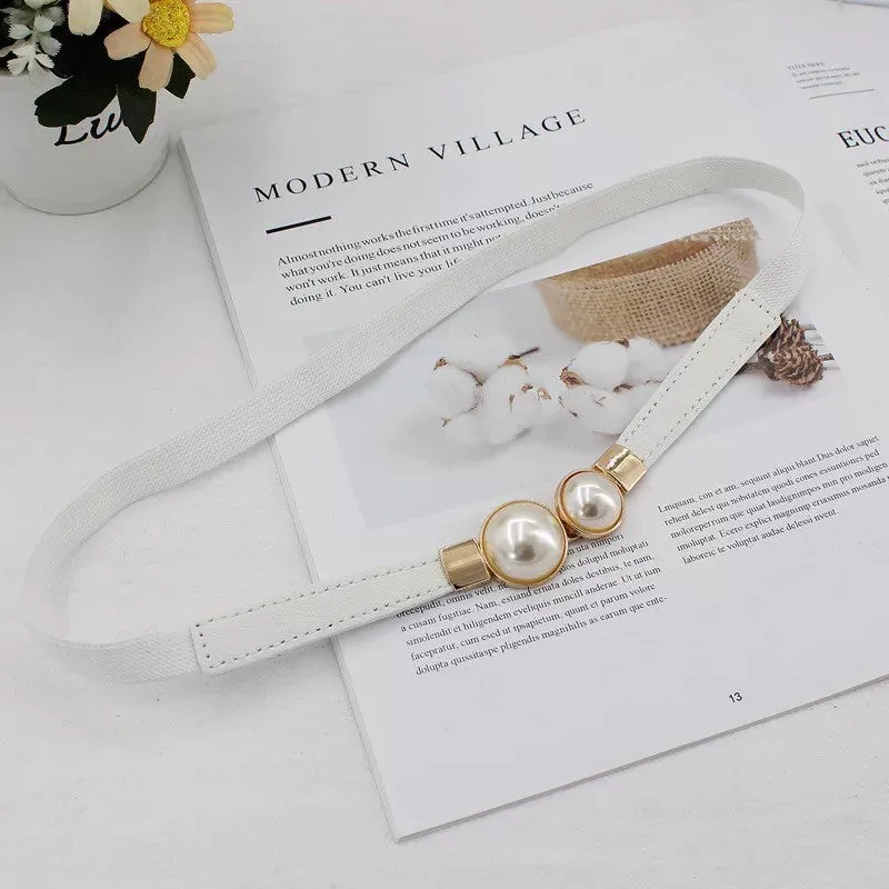 (62cm) Elastic waist belt accessory with pearl buckle - Black / Gold
