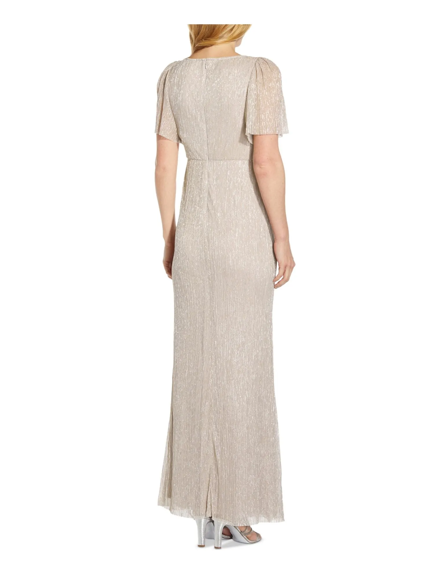 ADRIANNA PAPELL Womens Beige Glitter Zippered Center Front Tie Pleated Lined Flutter Sleeve Keyhole Full-Length Formal Gown Dress