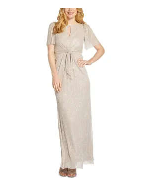 ADRIANNA PAPELL Womens Beige Glitter Zippered Center Front Tie Pleated Lined Flutter Sleeve Keyhole Full-Length Formal Gown Dress