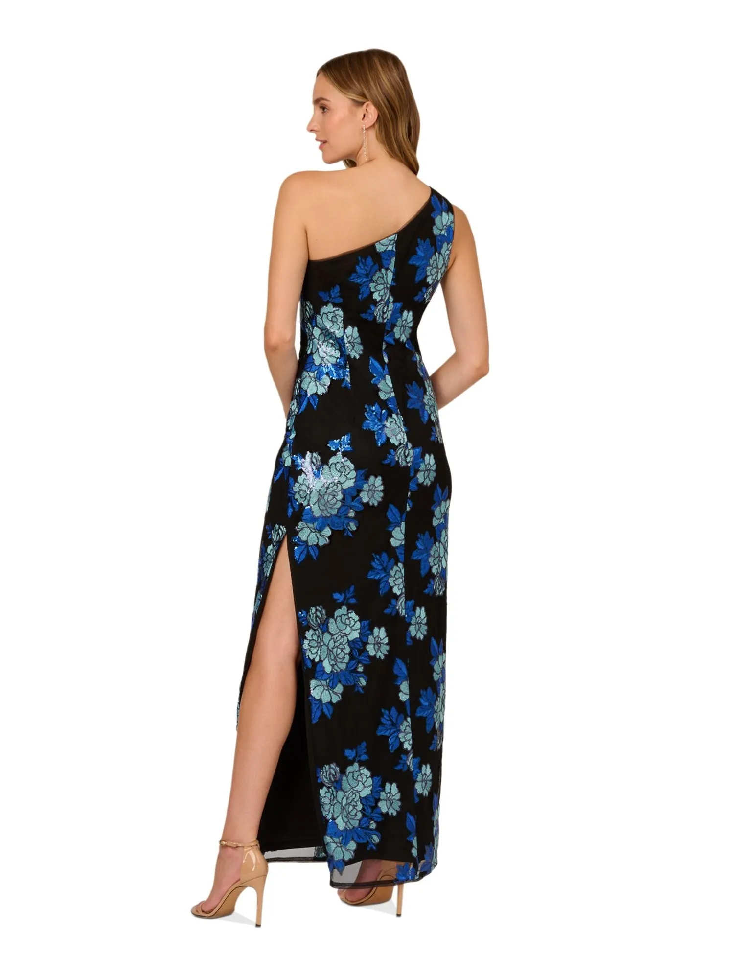 ADRIANNA PAPELL Womens Black Mesh Embroidered Zippered Slitted Lined Sleeveless Asymmetrical Neckline Full-Length Formal Gown Dress