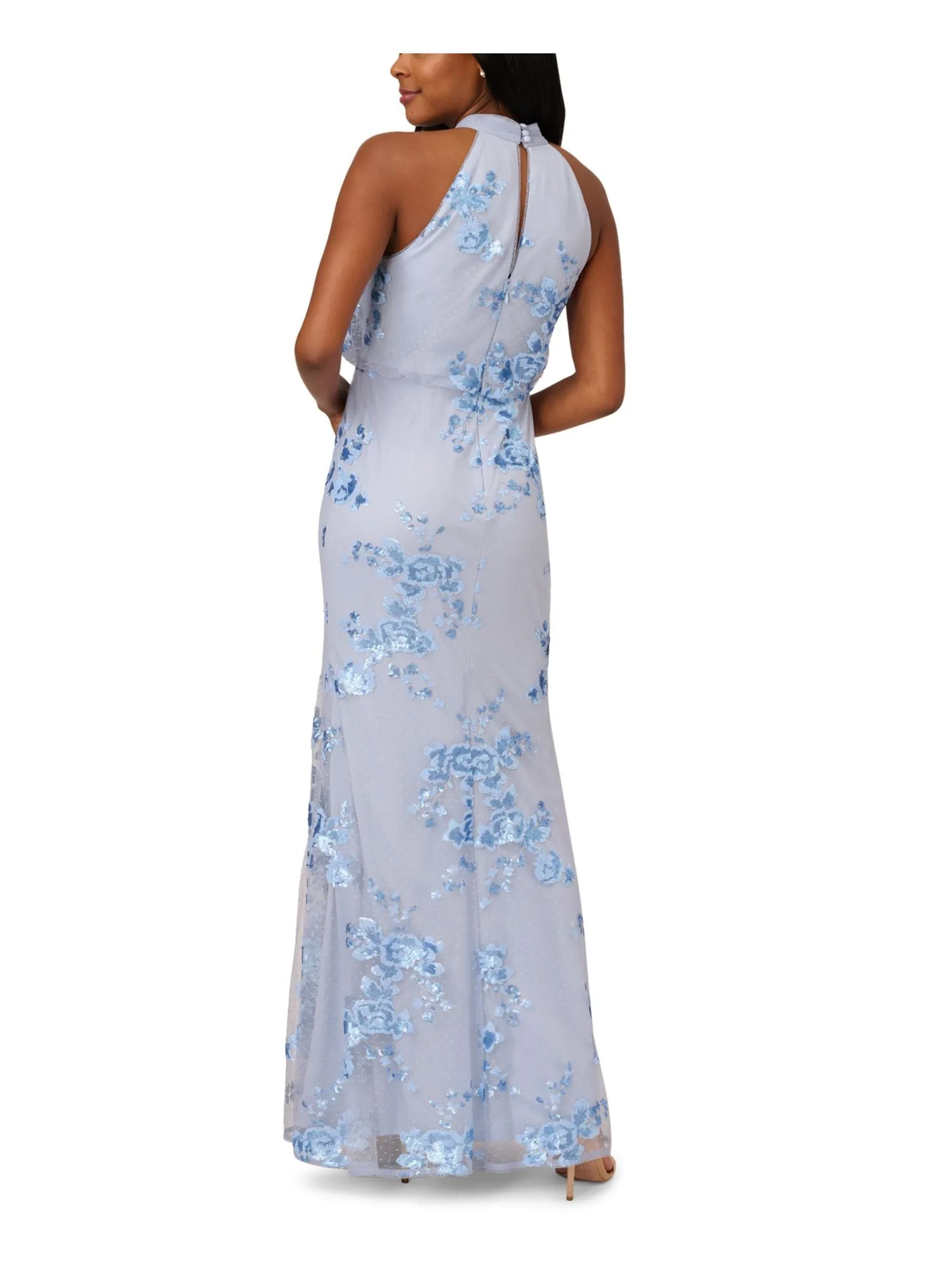 ADRIANNA PAPELL Womens Light Blue Zippered Slitted Keyhole Back Lined Sleeveless Mock Neck Full-Length Evening Gown Dress