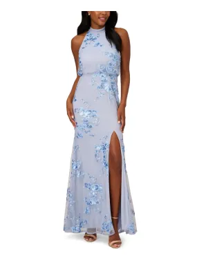 ADRIANNA PAPELL Womens Light Blue Zippered Slitted Keyhole Back Lined Sleeveless Mock Neck Full-Length Evening Gown Dress