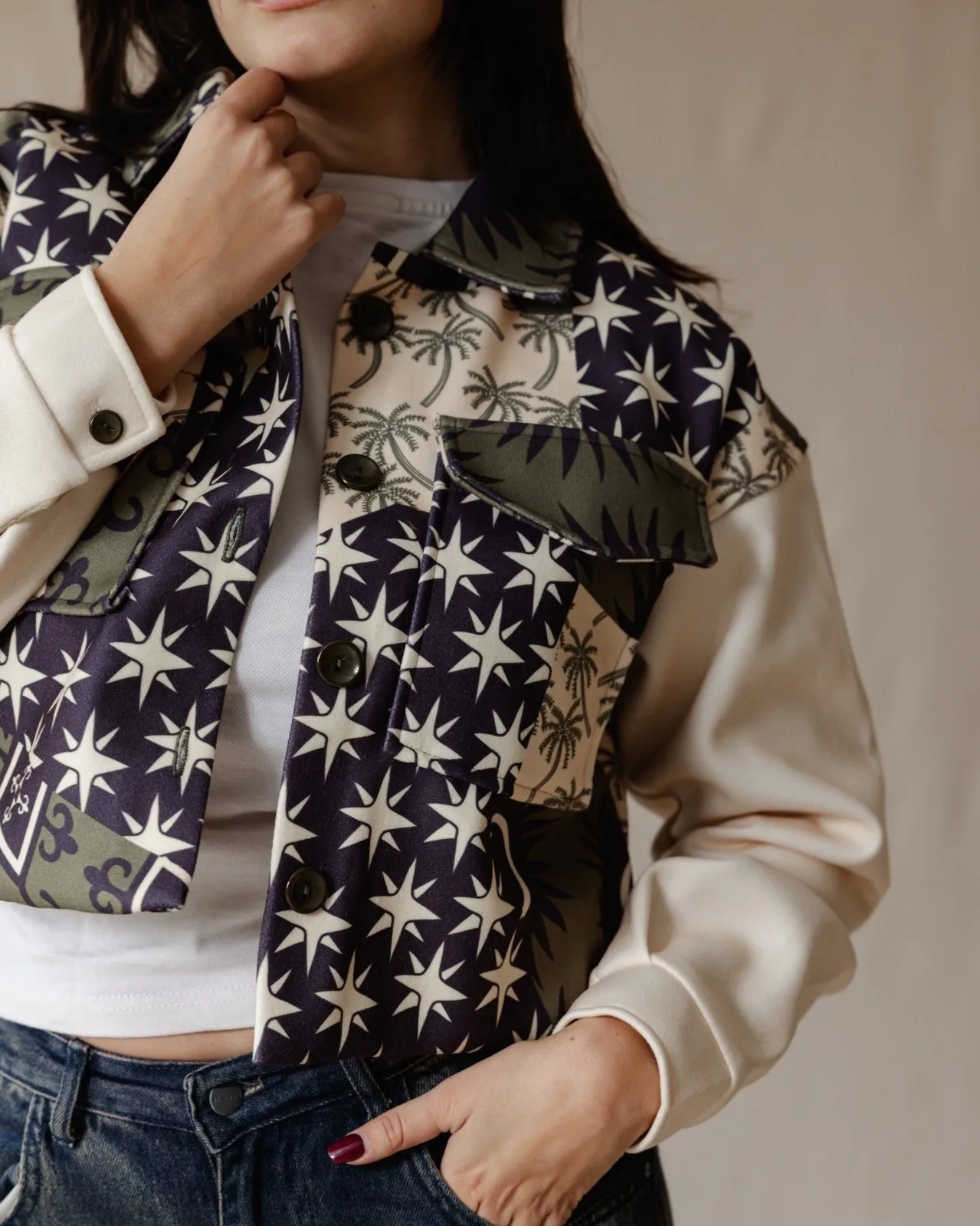 Eclectic Statement Cropped Jacket Beige