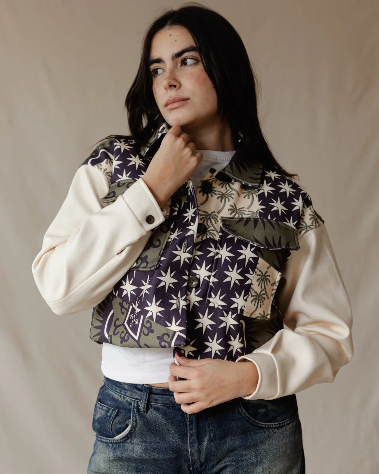 Eclectic Statement Cropped Jacket Beige