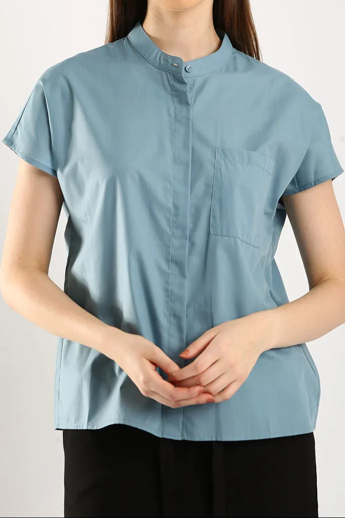 Ferrey Mandarin Collar Top in Slate Blue