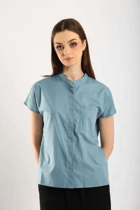 Ferrey Mandarin Collar Top in Slate Blue