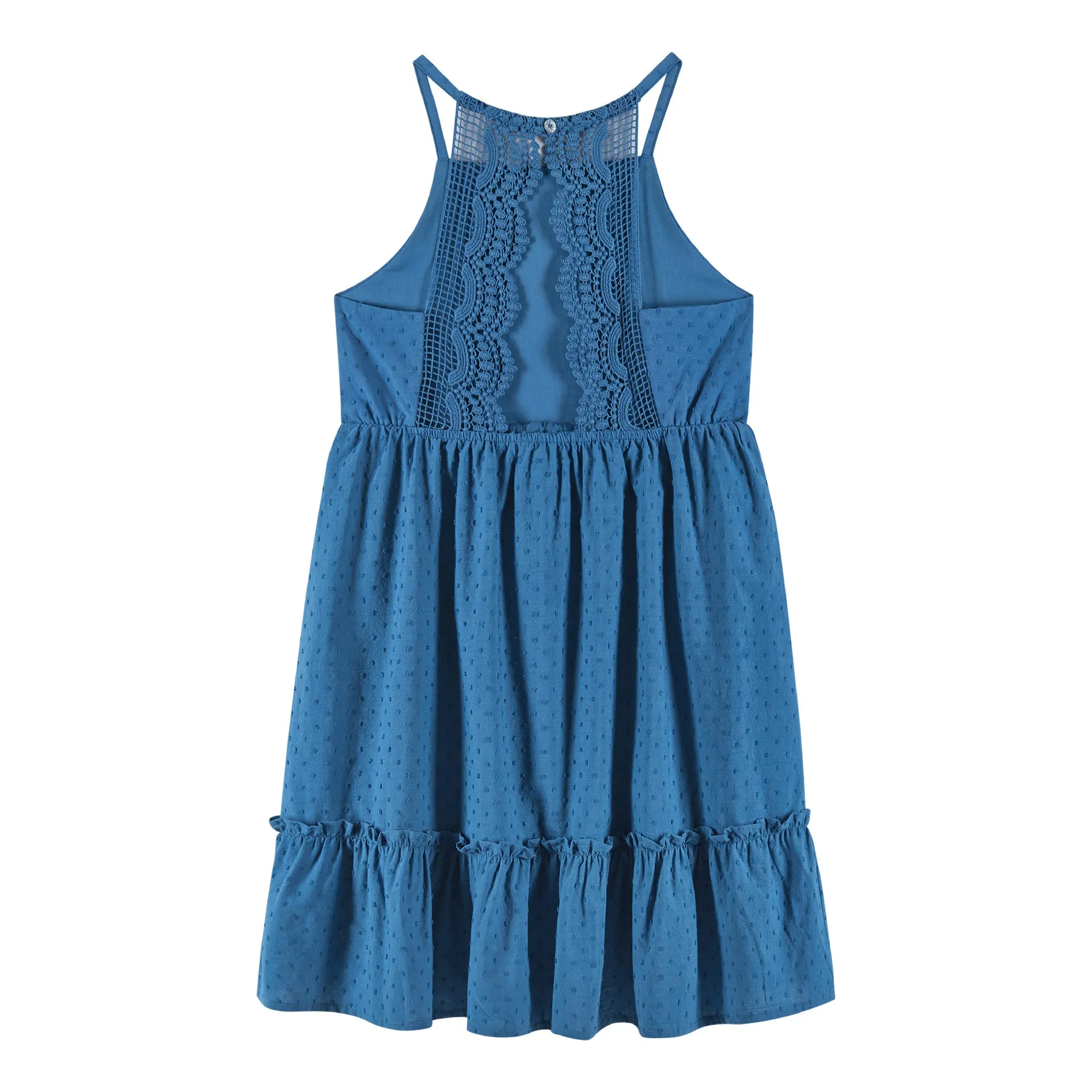 Kids (7-14) Blue Swiss Dot Dress w/ Lace Back Detail | Blue