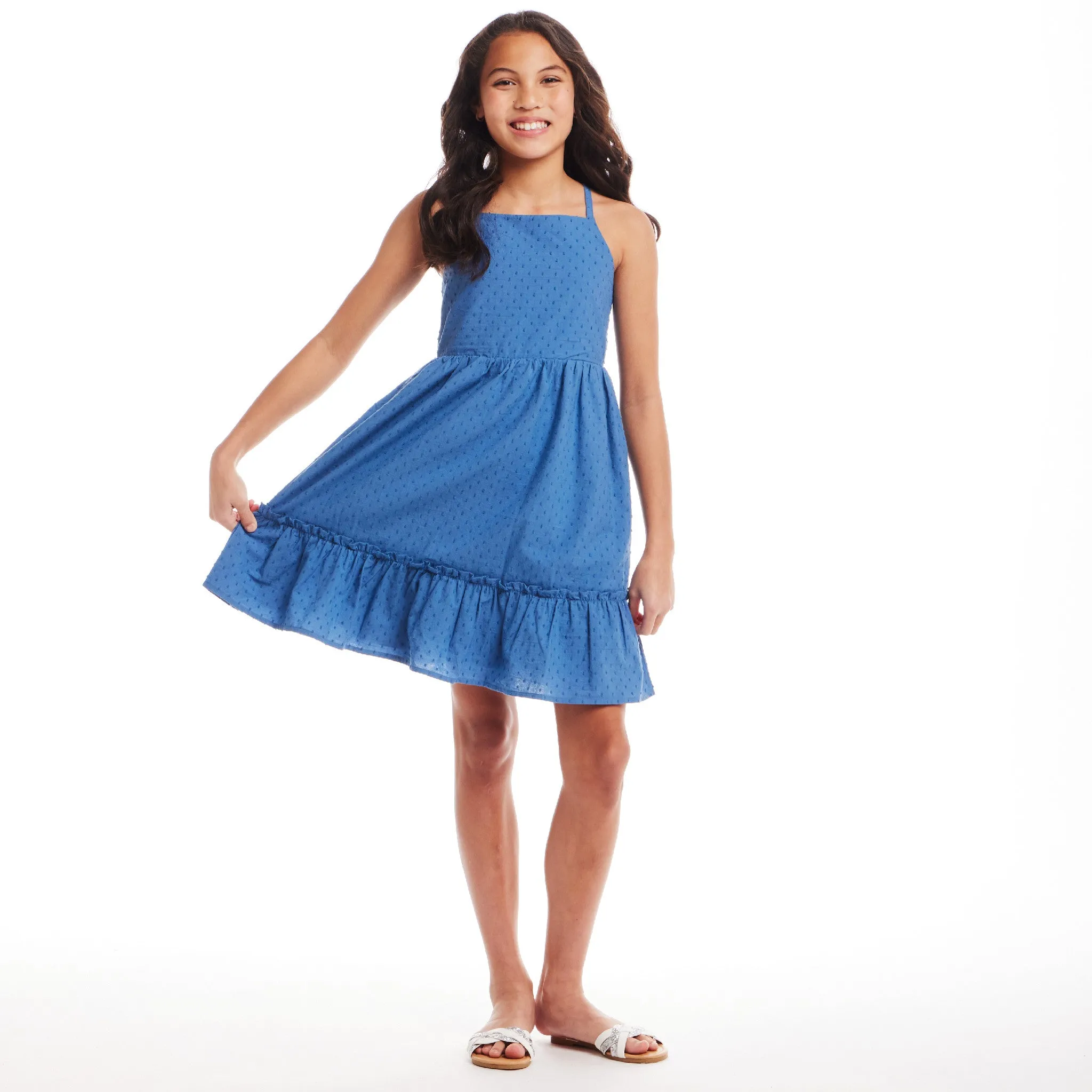 Kids (7-14) Blue Swiss Dot Dress w/ Lace Back Detail | Blue