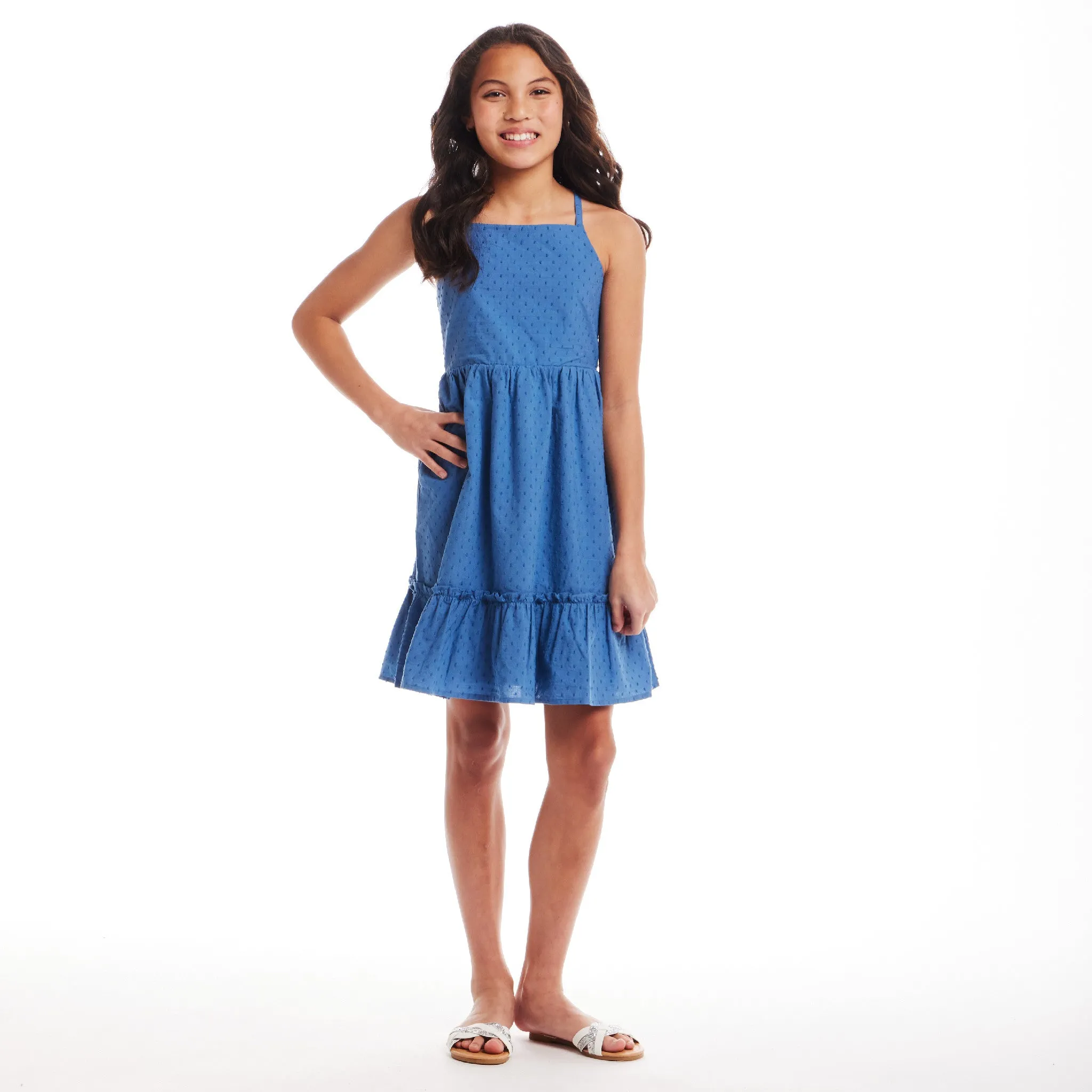 Kids (7-14) Blue Swiss Dot Dress w/ Lace Back Detail | Blue