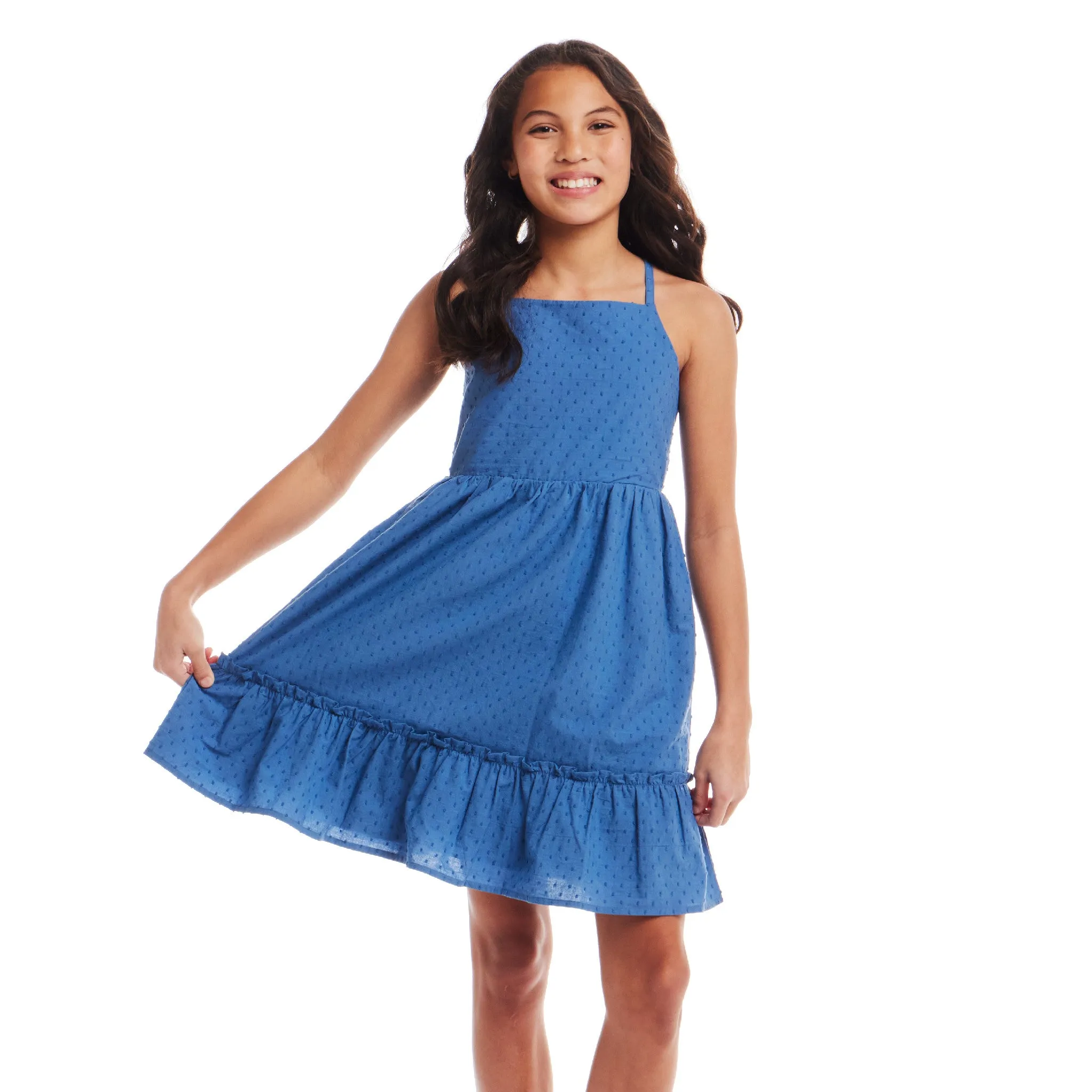 Kids (7-14) Blue Swiss Dot Dress w/ Lace Back Detail | Blue