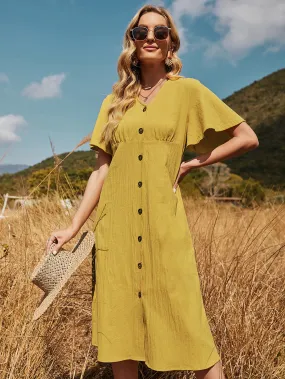 KittenAlarm - Fresh and Casual Lotus Leaf Sleeve Yellow Dress
