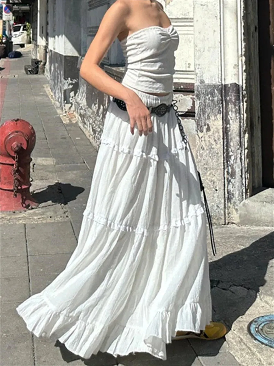 LANFUBEISI Elegant White Flowy Hem Long Skirts Women Elastic Waist Ruffle Lace Trim Flare A-Line Skirts Retro Streetwear