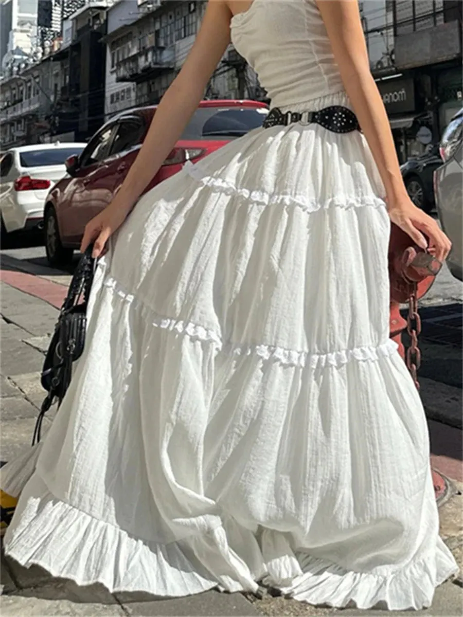 LANFUBEISI Elegant White Flowy Hem Long Skirts Women Elastic Waist Ruffle Lace Trim Flare A-Line Skirts Retro Streetwear