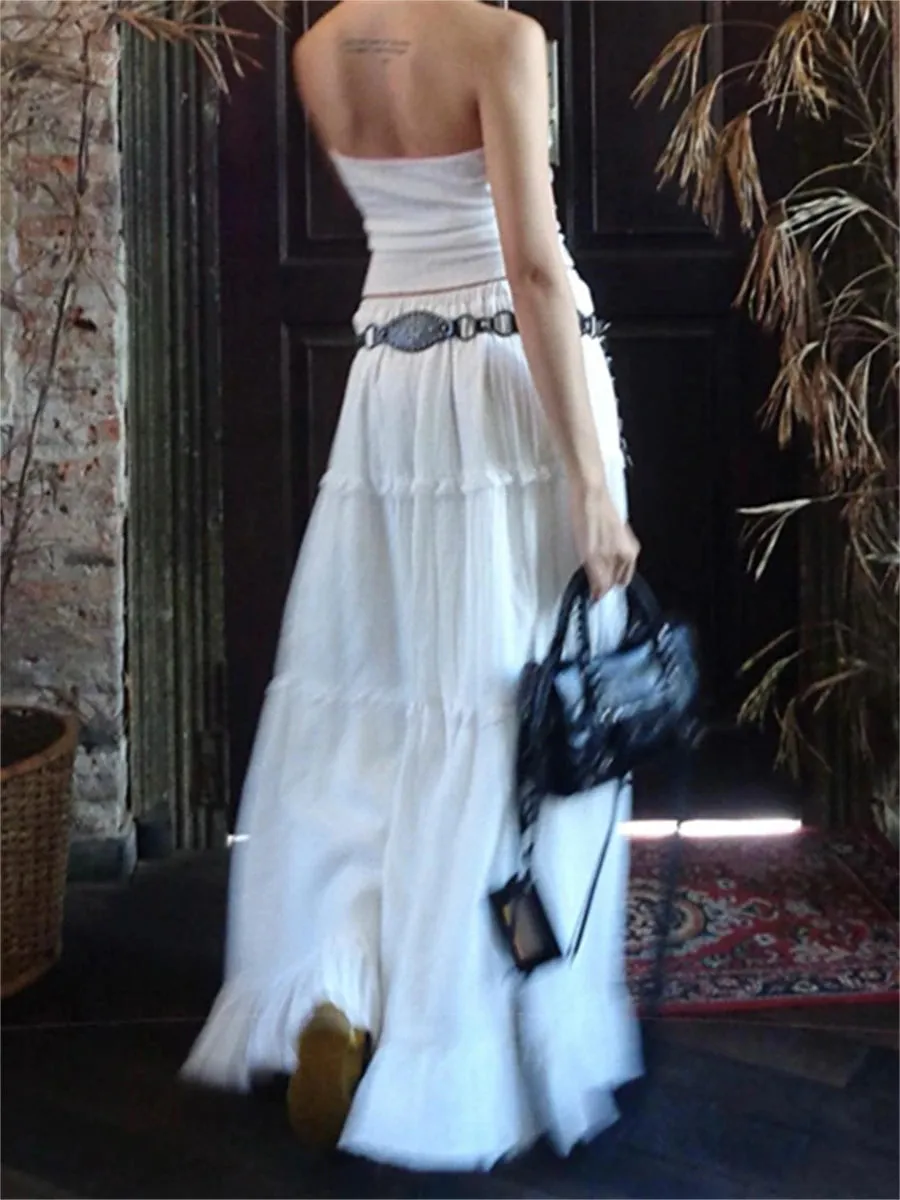 LANFUBEISI Elegant White Flowy Hem Long Skirts Women Elastic Waist Ruffle Lace Trim Flare A-Line Skirts Retro Streetwear