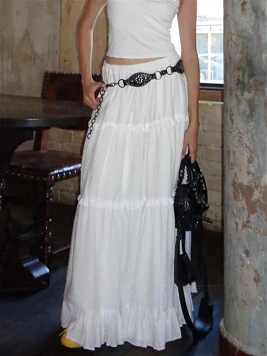 LANFUBEISI Elegant White Flowy Hem Long Skirts Women Elastic Waist Ruffle Lace Trim Flare A-Line Skirts Retro Streetwear