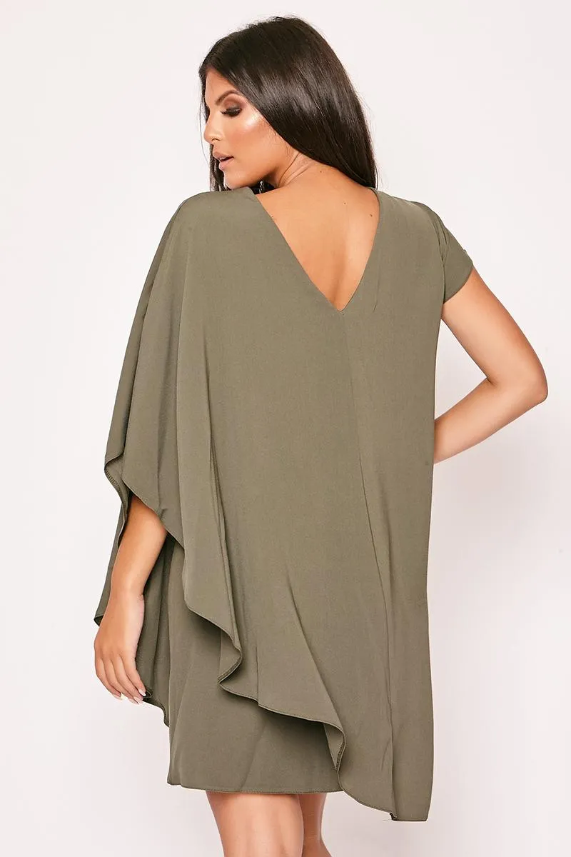 Lindsey - Khaki One Shoulder Cape Sleeve Shift Dress
