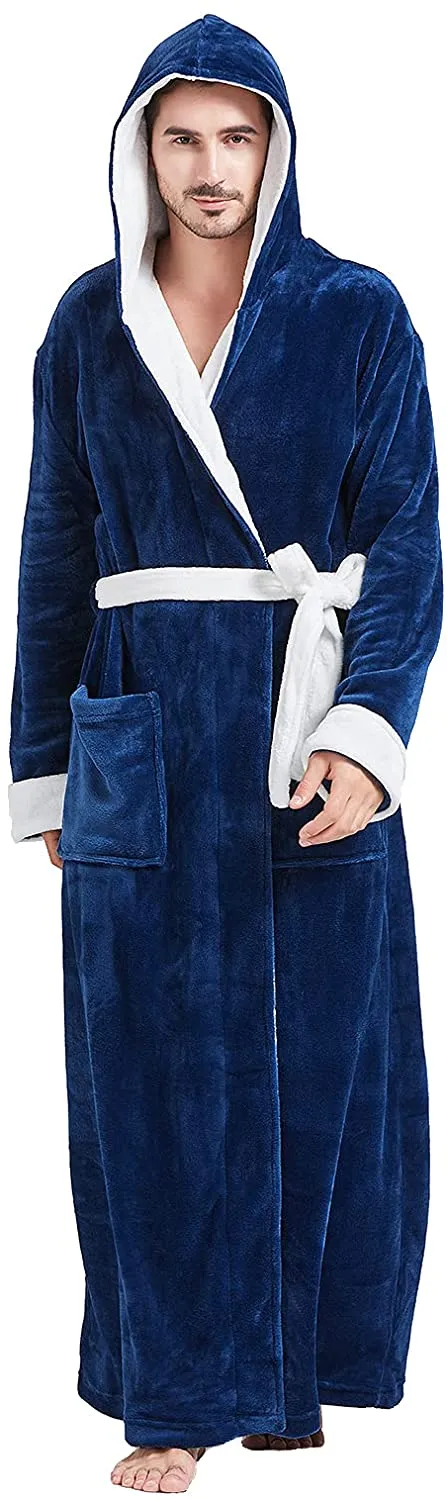 Men's Gray Plush Fleece Long Sleeve Hooded Robe