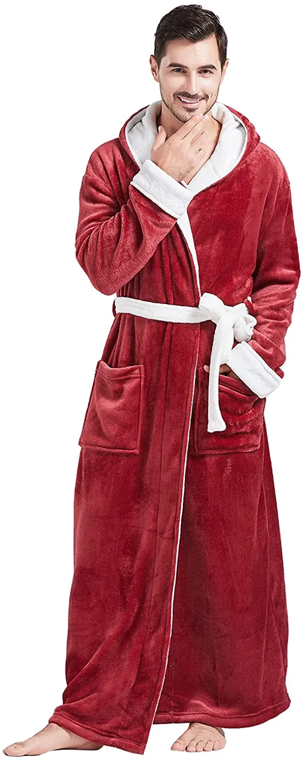 Men's Gray Plush Fleece Long Sleeve Hooded Robe