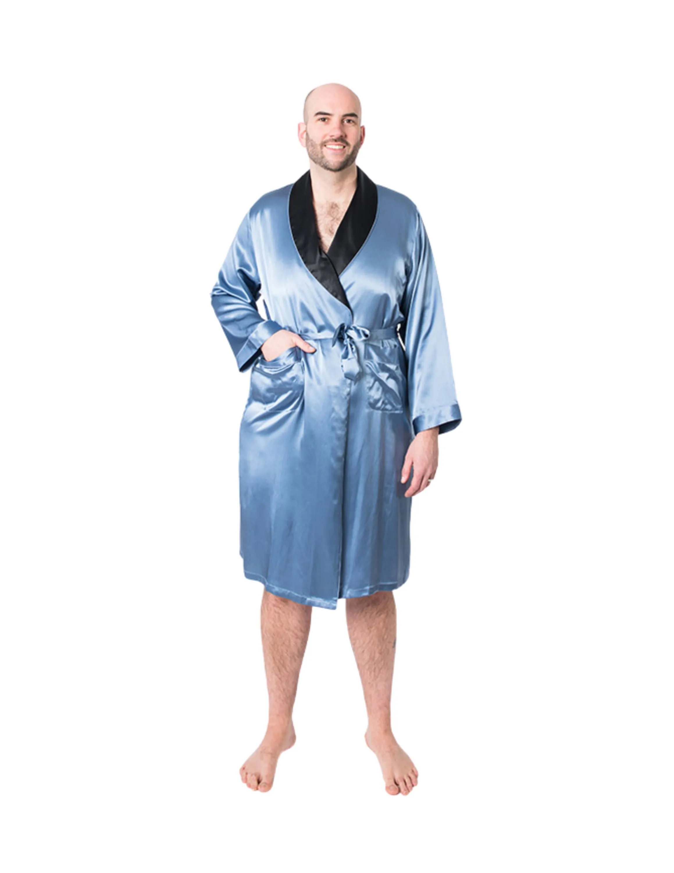 Men's Mulberry Silk Robe  Twilight Blue with Black Collar