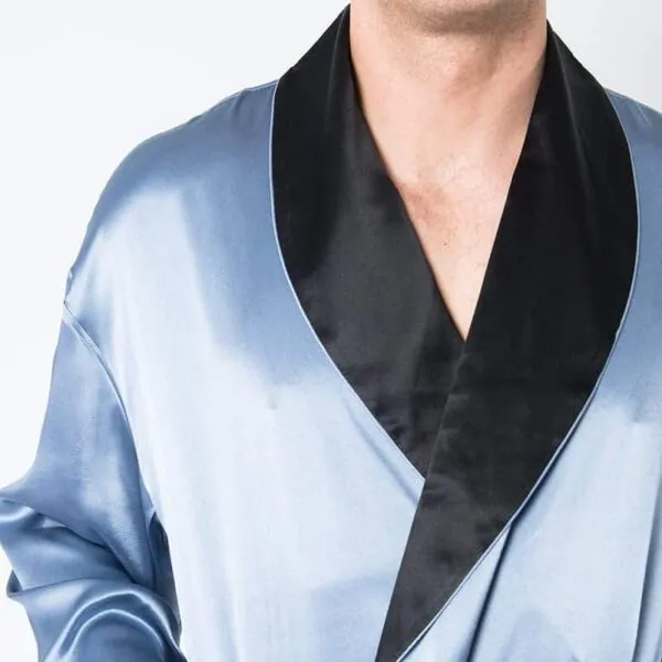 Men's Mulberry Silk Robe  Twilight Blue with Black Collar