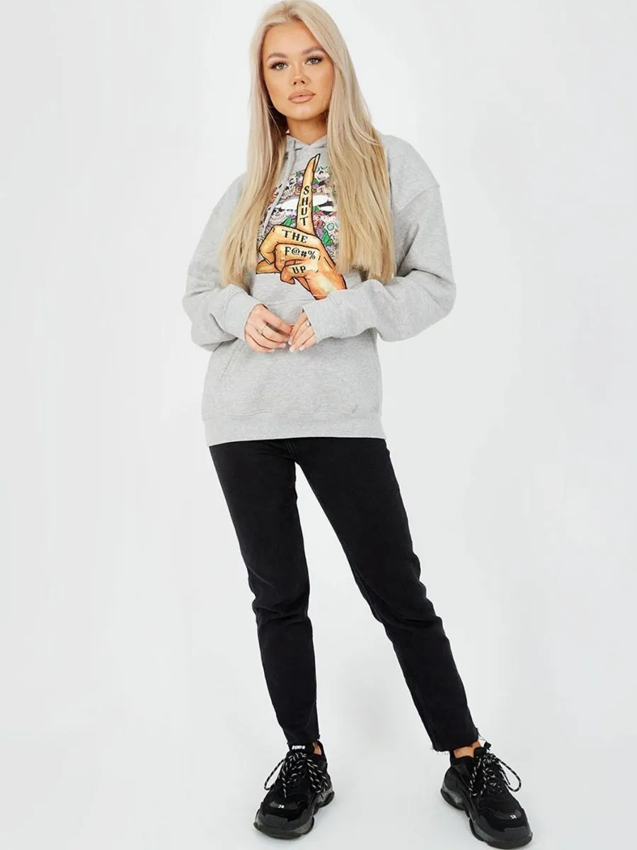 Nancy Shut Up Graphic Fleeced Hoodie In Grey