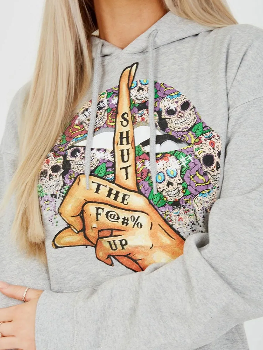 Nancy Shut Up Graphic Fleeced Hoodie In Grey
