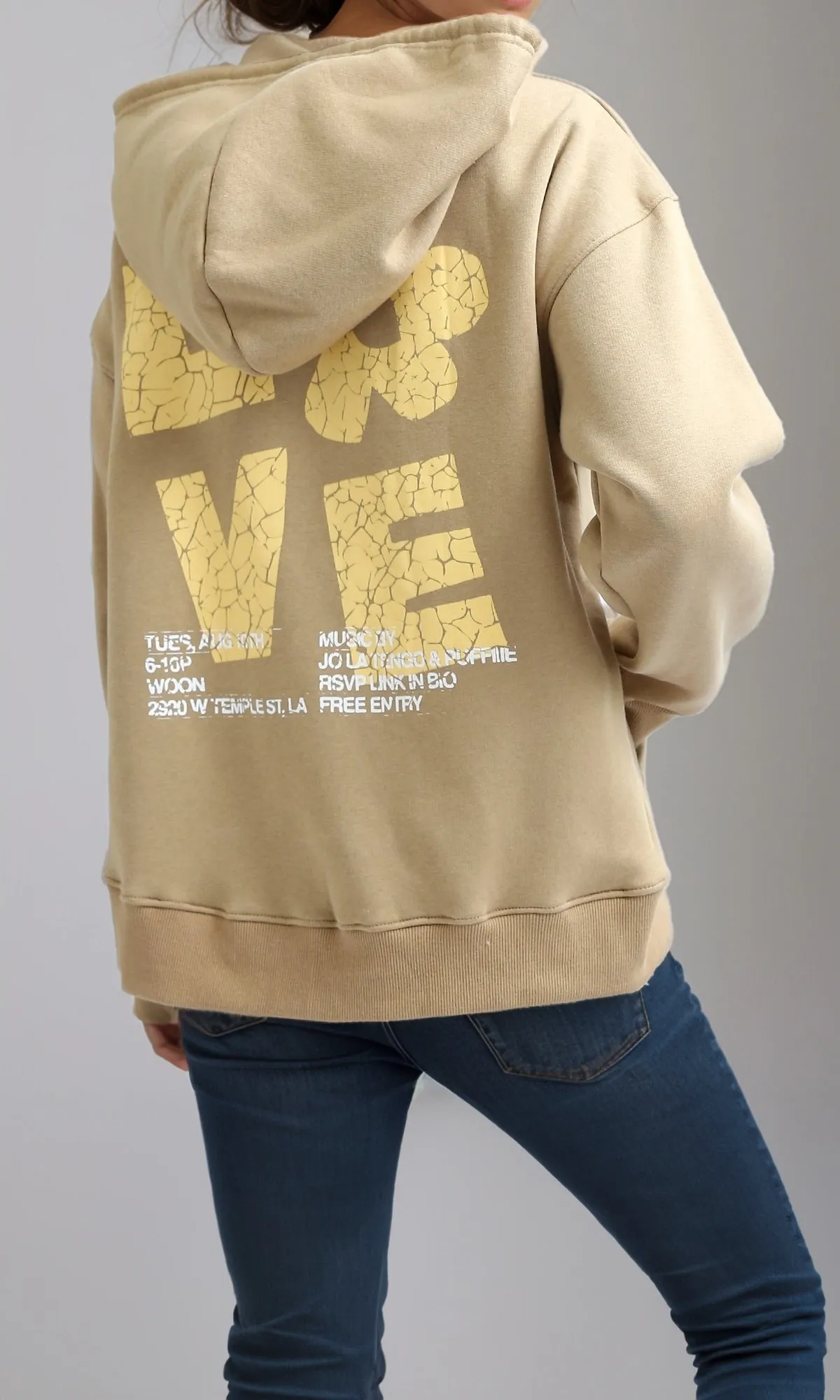 O199201 - Printed Hooded Neck with Drawstring Beige Hoodie