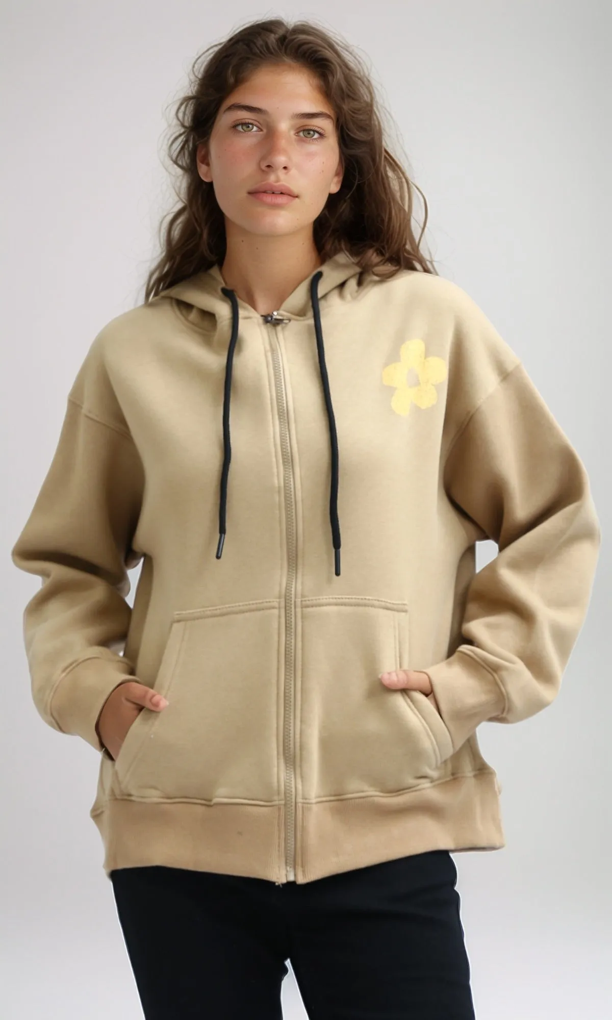 O199201 - Printed Hooded Neck with Drawstring Beige Hoodie