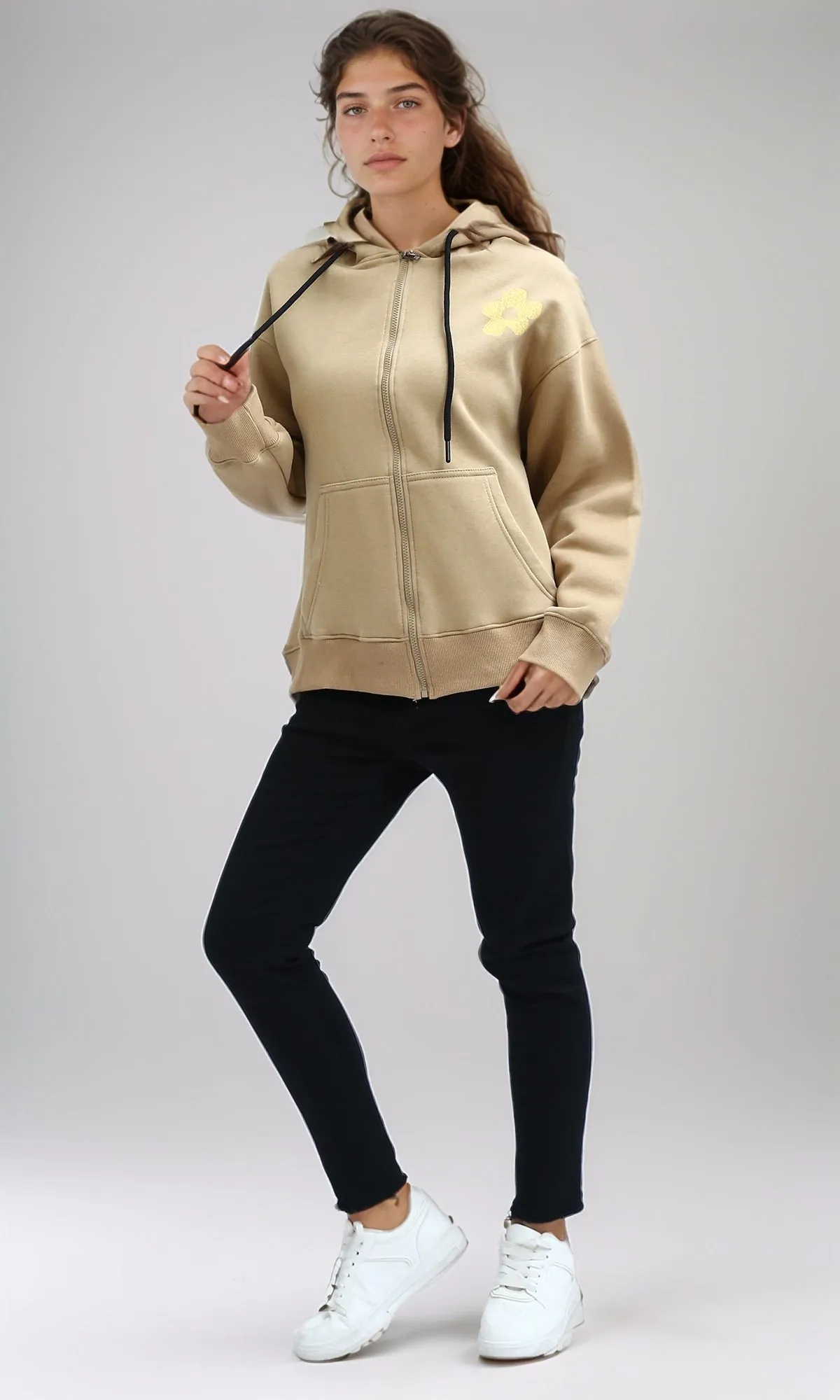 O199201 - Printed Hooded Neck with Drawstring Beige Hoodie