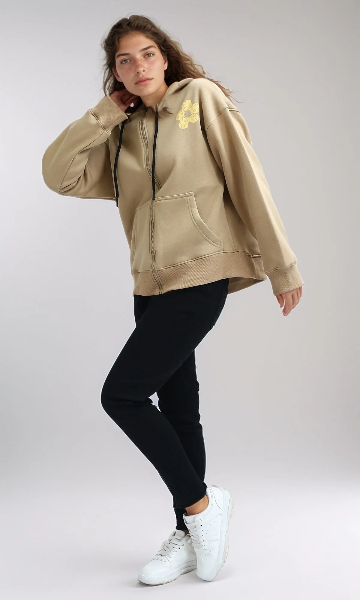 O199201 - Printed Hooded Neck with Drawstring Beige Hoodie