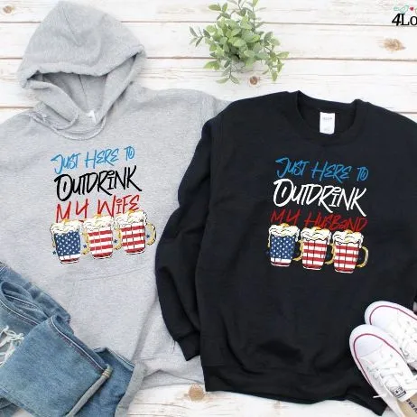 Outdrink My Spouse Humorous 4th of July Matching Outfits, Comical Couple's Set