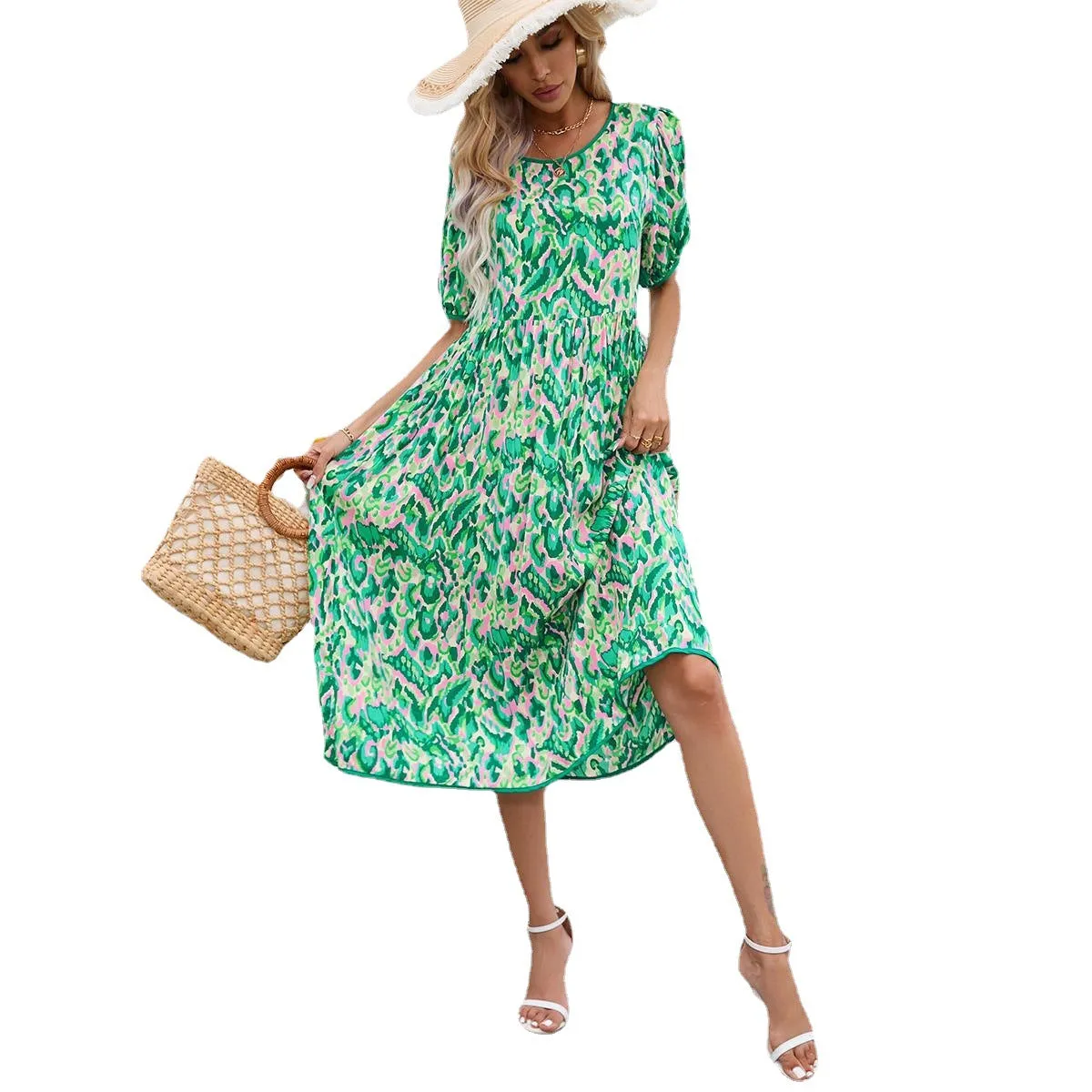 Print Holiday Loose Round Neck Puff Dresses