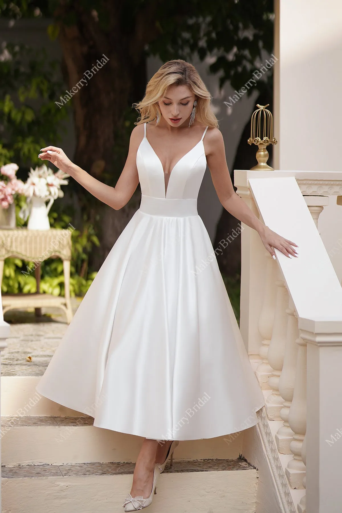 Simple Short Satin Wedding Dress With Pockets