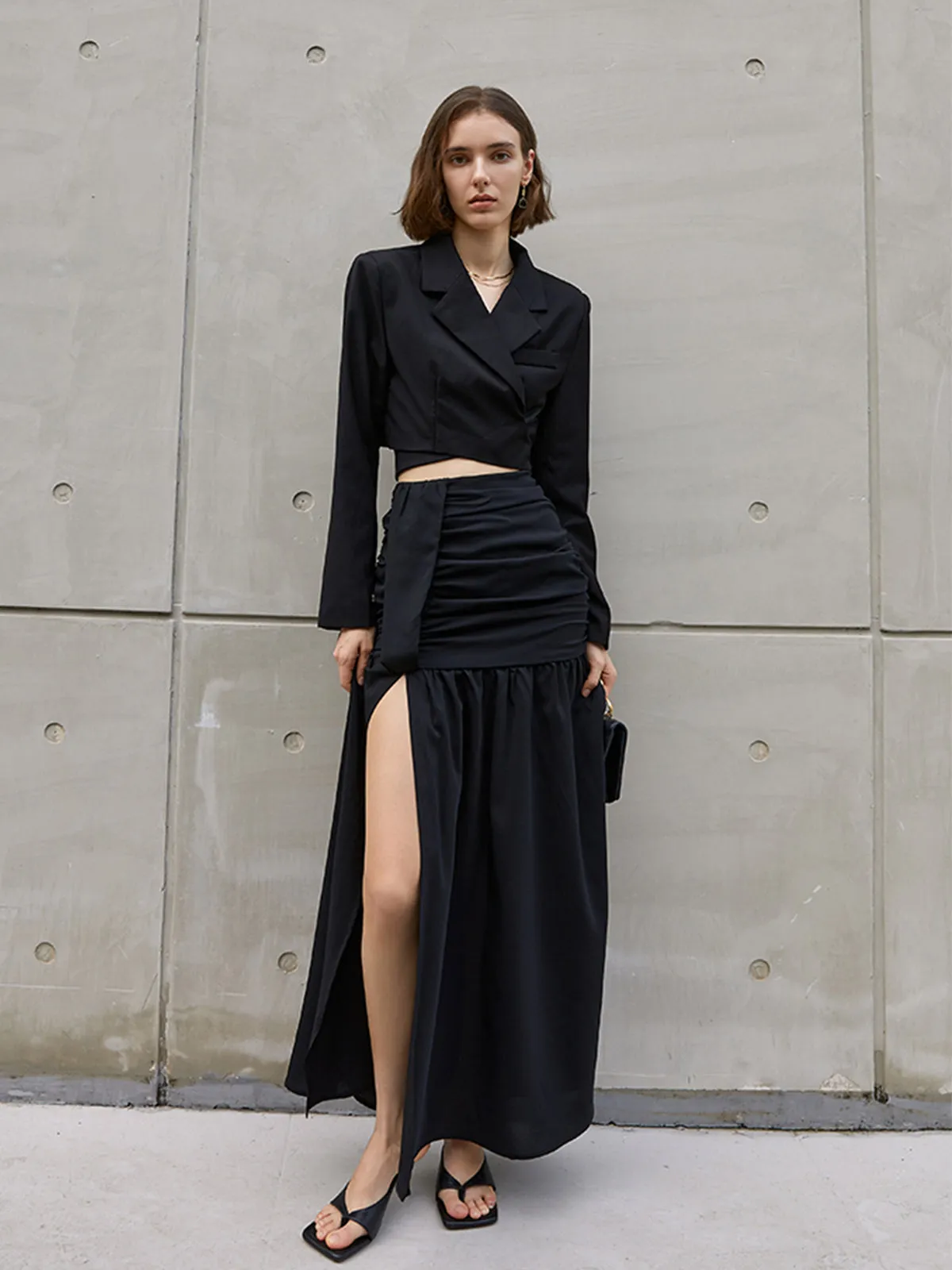 Solid Wrap Long Trendy Sleeve Crop Blazer