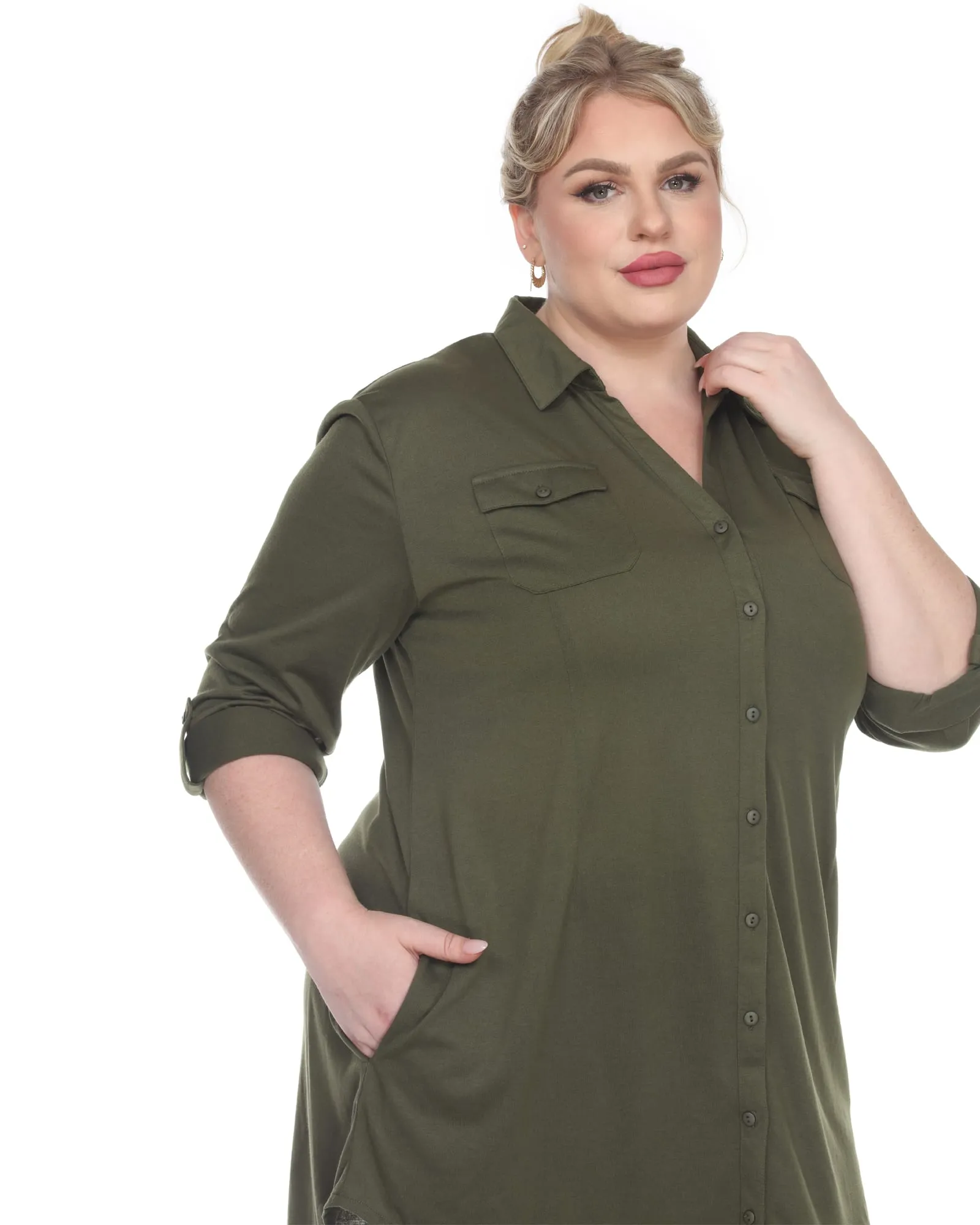 Stretchy Button Down Tunic Top | Olive