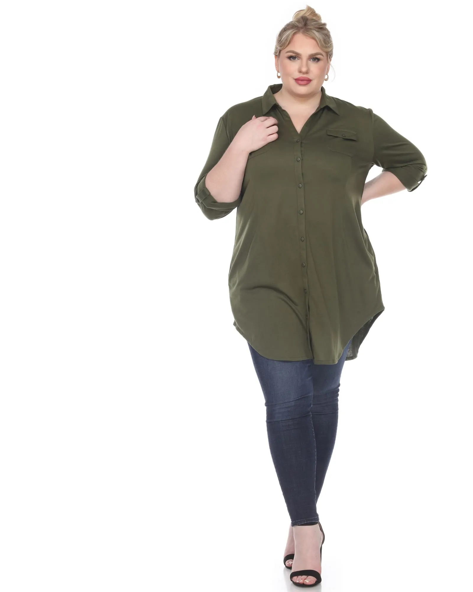 Stretchy Button Down Tunic Top | Olive