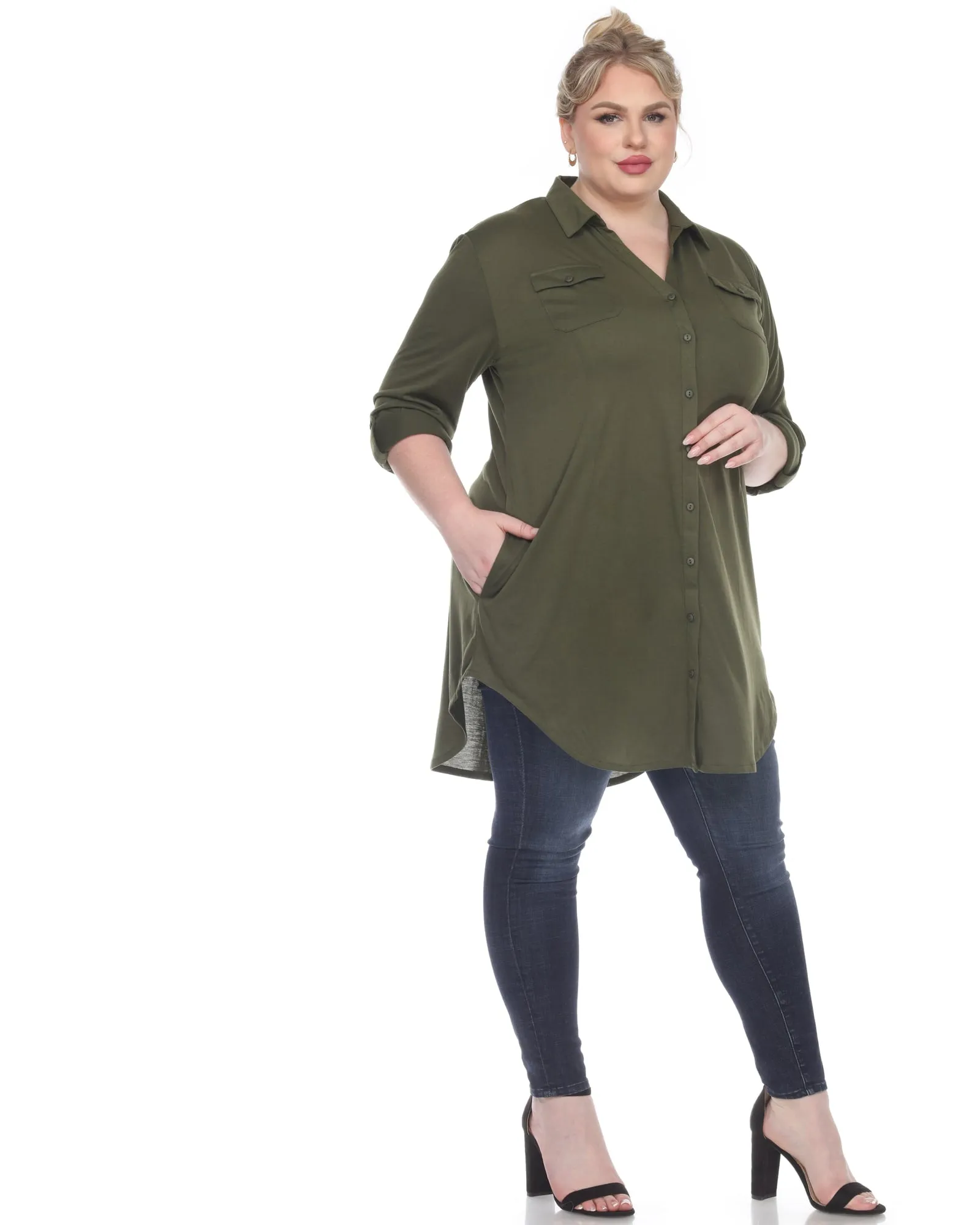 Stretchy Button Down Tunic Top | Olive