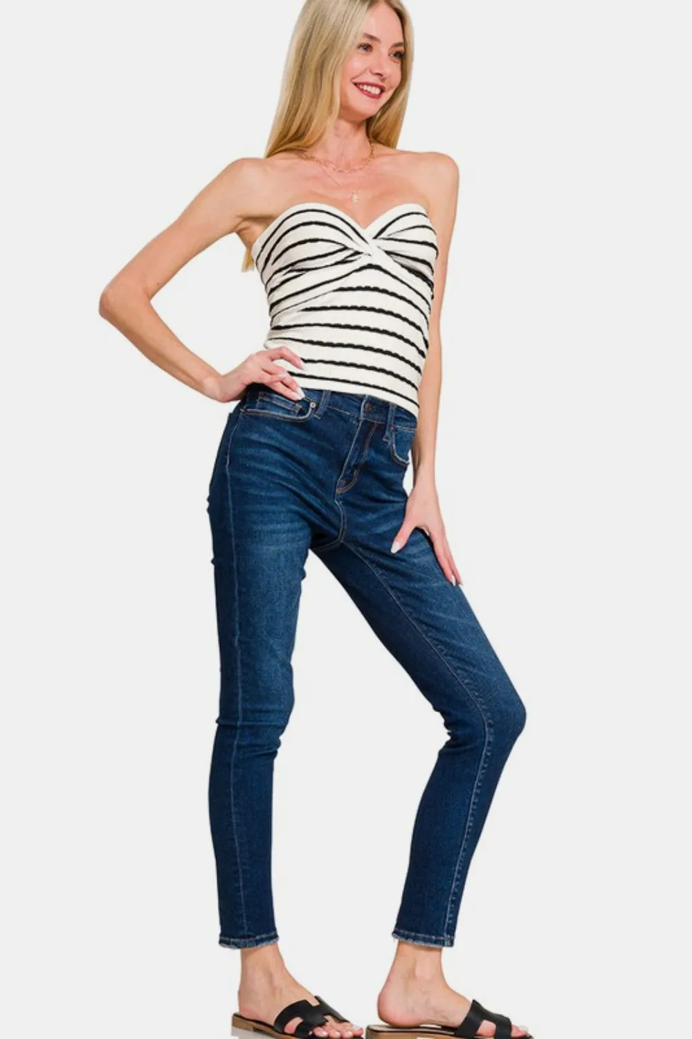 Striped Tube Top with Twisted Sweetheart Neckline