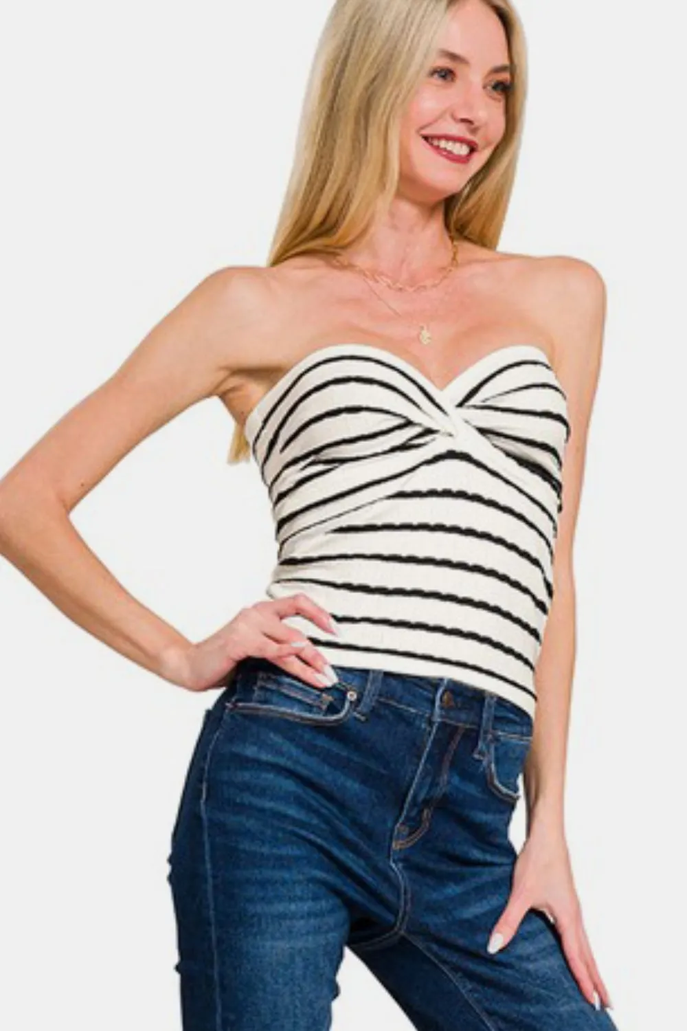Striped Tube Top with Twisted Sweetheart Neckline