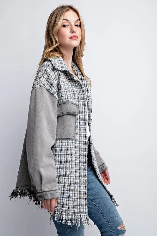 Sweet Generis Fringe Hem Tweed Mixed Denim Jacket