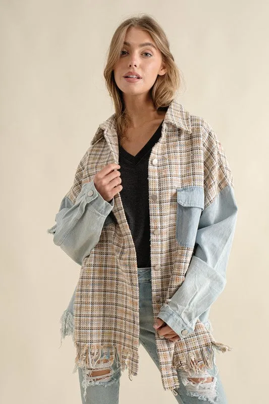 Sweet Generis Fringe Hem Tweed Mixed Denim Jacket