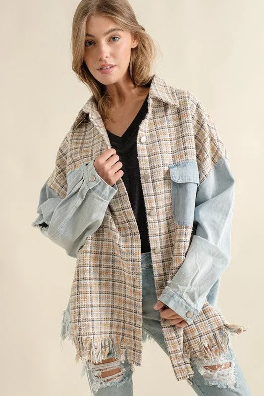 Sweet Generis Fringe Hem Tweed Mixed Denim Jacket