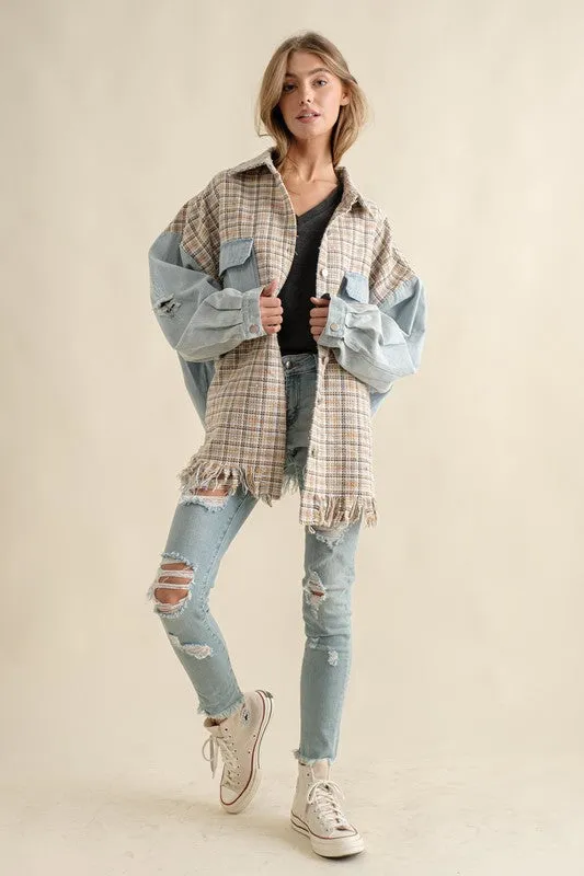 Sweet Generis Fringe Hem Tweed Mixed Denim Jacket